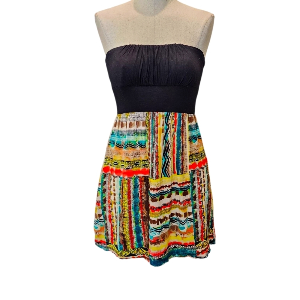 Body Central Black and Multicolor Strapless Dress